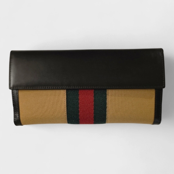 Vintage Gucci Sherry Web Beige Canvas & Brown Leather Wallet Made in Italy - Picture 2 of 11